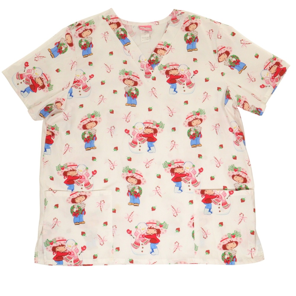 Vintage Strawberry‎ Shortcake Scrub Top 2005 Holiday Christmas Pattern Women L